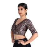 Silk Black Printed V-Neck Saree Blouse for Womens - Image 6
