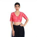 Tussar Silk Red Striped V-Neck Saree Blouse - Image 2