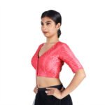 Tussar Silk Red Striped V-Neck Saree Blouse - Image 6