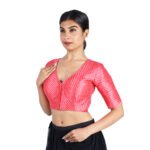 Tussar Silk Red Striped V-Neck Saree Blouse - Image 5