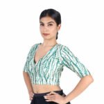 Art Silk Green Tie-Dye V-Neck Saree Blouse for Women - Image 2