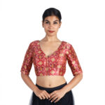 Silk Maroon Ikat Woven V-Neck Saree Blouse
