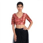 Silk Maroon Ikat Woven V-Neck Saree Blouse - Image 2
