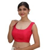 Bold Red Silk Sleeveless Round Neck Blouse - Image 2