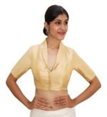 Sophisticated Gold Collar Neck Blouse | Padded Silk Saree Blouse - Image 4