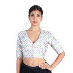 Silk Multi-Color Chevron Printed V-Neck Saree Blouse - Image 2