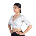 Silk Multi-Color Chevron Printed V-Neck Saree Blouse - Image 4