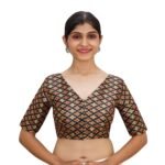Elegant Black Print V Neck Blouse | Embroidered Saree Blouse