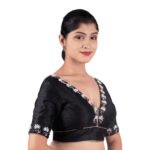 Silk Black V-Neck Hand Embroidered Blouse - Image 3