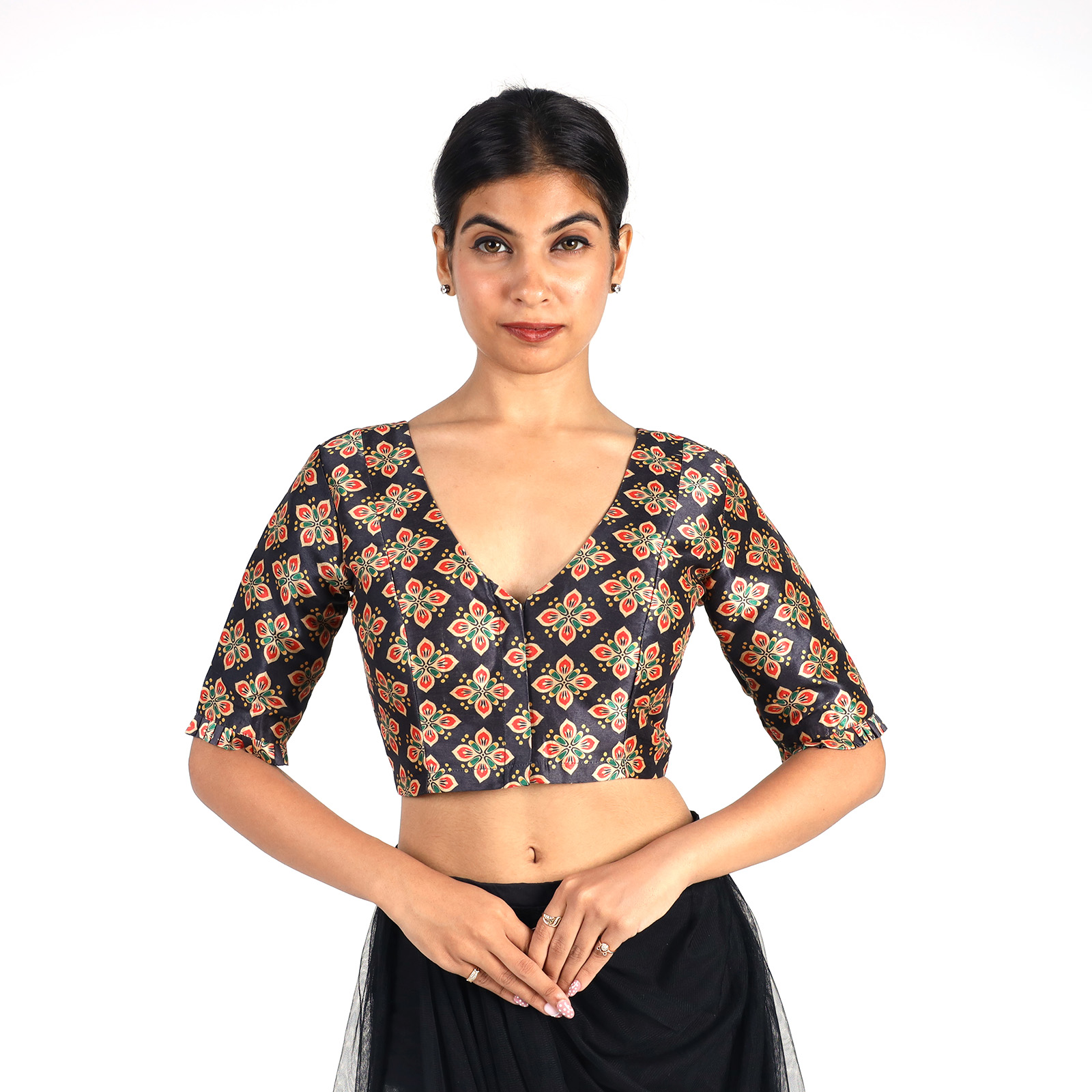 Black Silk Printed V Neck Blouse