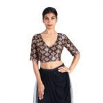 Black Silk Printed V Neck Blouse - Image 2
