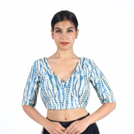 Art Silk Blue Tie-Dye V-Neck Saree Blouse for Women