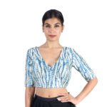 Art Silk Blue Tie-Dye V-Neck Saree Blouse for Women - Image 2