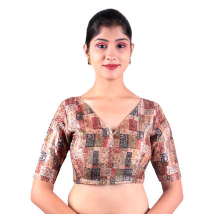 Brown Multi-Print V-Neck Blouse