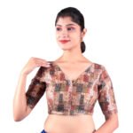 Brown Multi-Print V-Neck Blouse | Embroidered Saree Blouse - Image 4