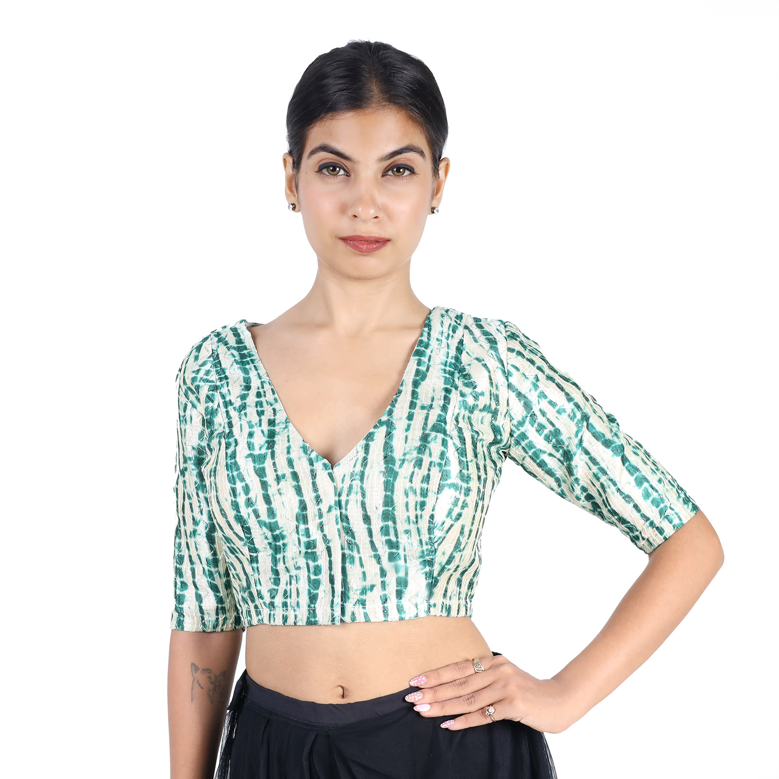 Art Silk Green Tie-Dye V-Neck Saree Blouse for Women