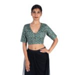 Art Silk Green Bandhani Printed V-Neck Saree Blouse - Image 2