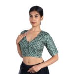 Art Silk Green Bandhani Printed V-Neck Saree Blouse - Image 6