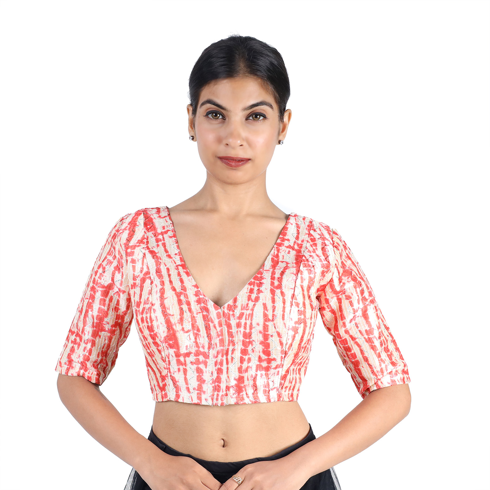 Art Silk Red Tie-Dye Printed V-Neck Saree Blouse