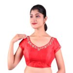 Silk Red Sweetheart Neck Embroidered Blouse - Image 4