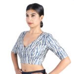 Black Silk Printed V-Neck Saree Blouse - Image 4