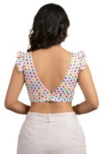 Women’s Satin Polka Dot Blouse with Ruffle Sleeves – Designer Saree Blouse, Readymade Party Wear Lehenga Blouse - Image 2
