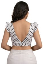 Women’s White Satin Polka Dot Blouse with Ruffle Sleeves – Designer Saree Blouse, Readymade Party Wear Lehenga Blouse (Copy) - Image 2