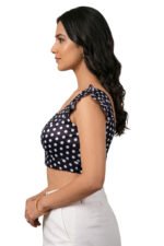 Women’s Black Satin Polka Dot Blouse with Ruffle Sleeves – Designer Saree Blouse, Readymade Party Wear Lehenga Blouse - Image 4