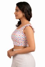 Women’s Satin Polka Dot Blouse with Ruffle Sleeves – Designer Saree Blouse, Readymade Party Wear Lehenga Blouse - Image 4