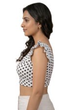 Women’s White Satin Polka Dot Blouse with Ruffle Sleeves – Designer Saree Blouse, Readymade Party Wear Lehenga Blouse (Copy) - Image 4