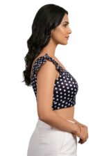 Women’s Black Satin Polka Dot Blouse with Ruffle Sleeves – Designer Saree Blouse, Readymade Party Wear Lehenga Blouse - Image 3