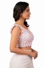 Women’s Satin Polka Dot Blouse with Ruffle Sleeves – Designer Saree Blouse, Readymade Party Wear Lehenga Blouse - Image 3