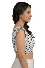 Women’s White Satin Polka Dot Blouse with Ruffle Sleeves – Designer Saree Blouse, Readymade Party Wear Lehenga Blouse (Copy) - Image 3