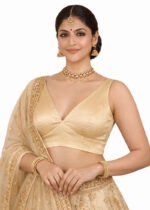 Golden Bangalori Silk Sleeveless V-Neck Blouse for Women | Padded Cotton Lining | Designer Saree Blouse - Image 5