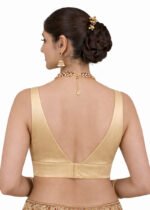 Golden Bangalori Silk Sleeveless V-Neck Blouse for Women | Padded Cotton Lining | Designer Saree Blouse - Image 2