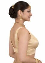 Golden Bangalori Silk Sleeveless V-Neck Blouse for Women | Padded Cotton Lining | Designer Saree Blouse - Image 3