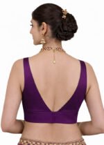 Purple Bangalori Silk Sleeveless V-Neck Blouse for Women | Padded Cotton Lining | Designer Saree Blouse - Image 2