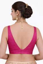 Rani Pink Bangalori Silk Sleeveless V-Neck Blouse for Women | Padded Cotton Lining | Designer Saree Blouse - Image 2