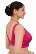Rani Pink Bangalori Silk Sleeveless V-Neck Blouse for Women | Padded Cotton Lining | Designer Saree Blouse - Image 3
