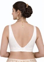 White Bangalori Silk Sleeveless V-Neck Blouse for Women | Padded Cotton Lining | Designer Saree Blouse - Image 2