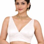 White Bangalori Silk Sleeveless V-Neck Blouse for Women | Padded Cotton Lining | Designer Saree Blouse
