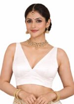 White Bangalori Silk Sleeveless V-Neck Blouse for Women | Padded Cotton Lining | Designer Saree Blouse