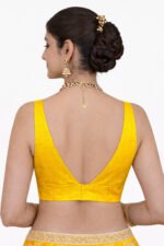 Yellow Bangalori Silk Sleeveless V-Neck Blouse for Women | Padded Cotton Lining | Designer Saree Blouse - Image 2