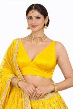 Yellow Bangalori Silk Sleeveless V-Neck Blouse for Women | Padded Cotton Lining | Designer Saree Blouse - Image 5